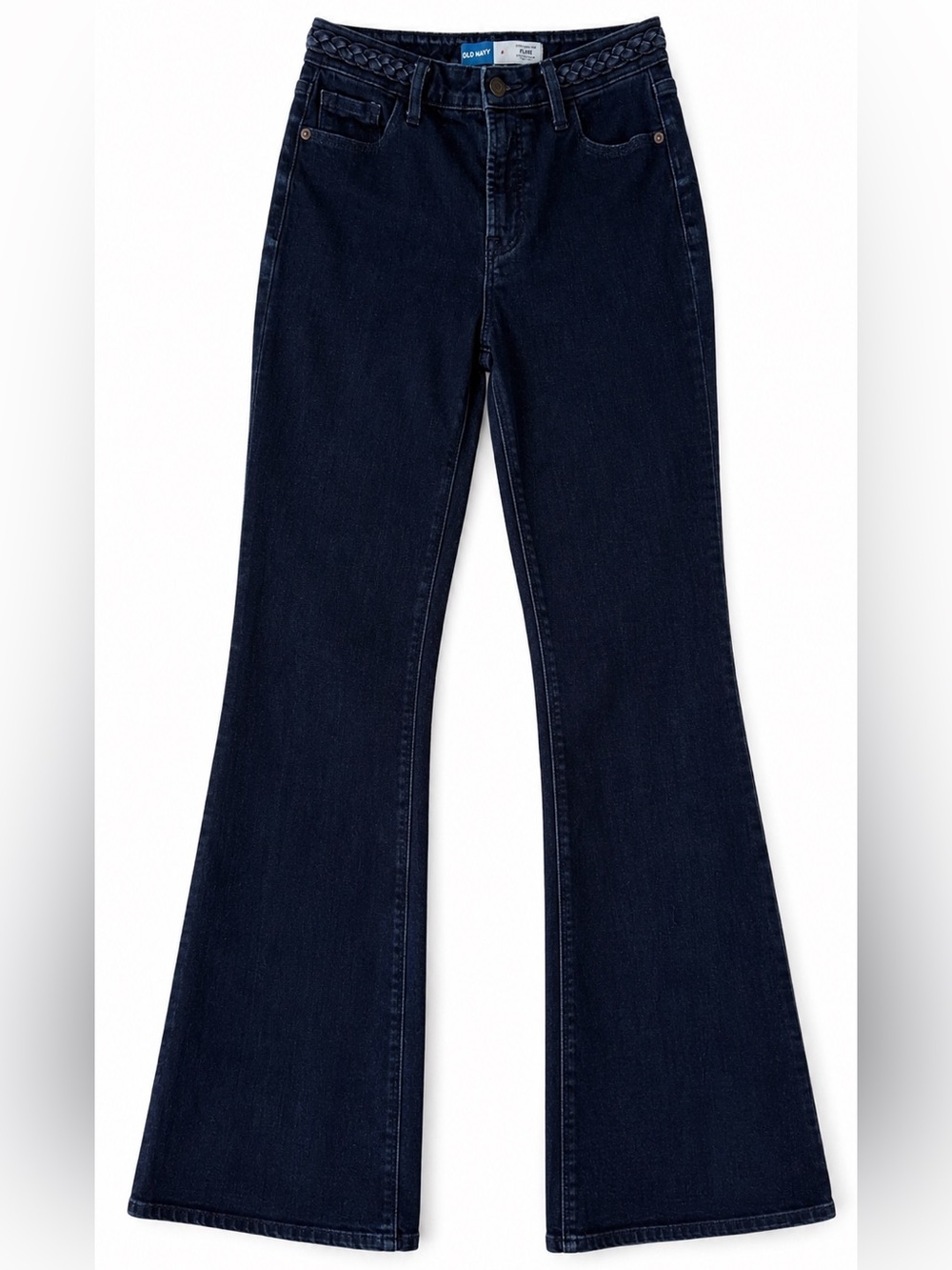 Old Navy Extra High Rise Flare Jeans Braided Waist Dark Wash Size 4